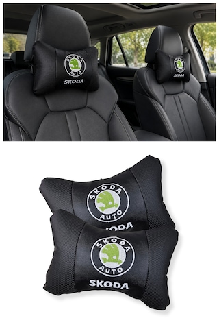 Skoda Auto Nakış İşlemeli Ortopedik Lüks Araç Seyahat Deri Oto Boyun Yastığı Siyah 2'li Set