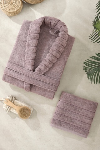 Veramoni Fluffy 2'li Havlulu Bornoz Seti Pamuklu Nakışlı Çeyiz Seti - Mürdüm - S/m