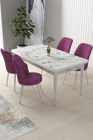 Canisa Concept Nil Serisi 70x110 Sabit Mutfak Masası Takımı Beyaz Mermer Desen Masa 4 Mor Sandalye Masa Beyaz/sandalyeler Mor