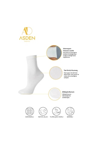 Asden Bambu Kadın Soket Çorap Beyaz Premium 6'lı Kutu, Burun Dikişsiz, Soft Yıkamalı Beyaz 6 Çift