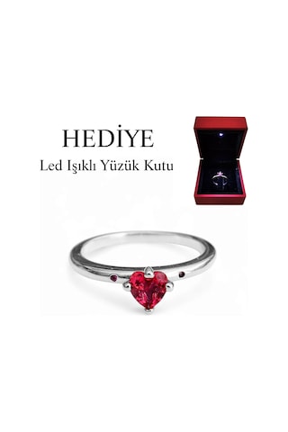 925 Ayar Gümüş Kırmızı Taşlı Kalp Sen Ve Ben Yüzük Işıklı Kutuda Rose