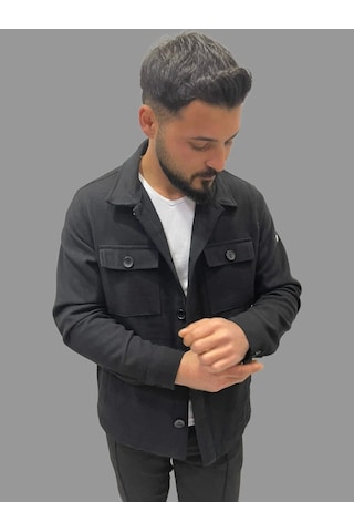 Erkek Cep Detaylı Kışlık Siyah Kaşe Gömlek Siyah