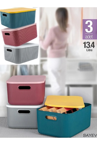Bayev 3 Adet 13 Litre Storage Mix Dolap Düzenleyici Kapaklı Kutu - Kıyafet Çorap Saklama Kutusu Çok Renkli