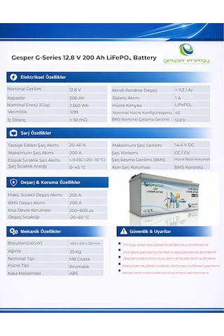 Gesper 12.8 V 200 Ah Lifepo₄ Lityum Akü