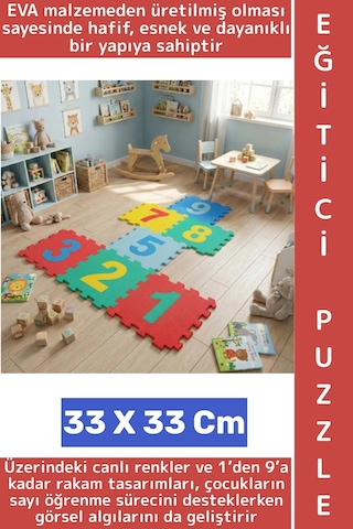 Ev Kreş Çocuk Odası Görsel Algı Eğitici Dayanıklı Esnek Canlı Renk Sayılar Puzzle Yer Matı 9 Parça