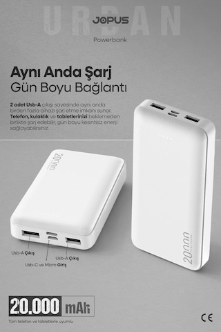 Jopus 20000mah Powerbank - Led Işık Göstergeli - Taşınabilir Şarj Cihazı Beyaz
