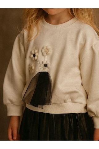 Kız Çocuk Pamuklu Örme Nakışlı Tüllü Sweatshirt-16218 KREM
