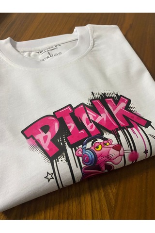 Pembe Panter Baskılı Oversize Erkek Pamuklu T-shirt Beyaz