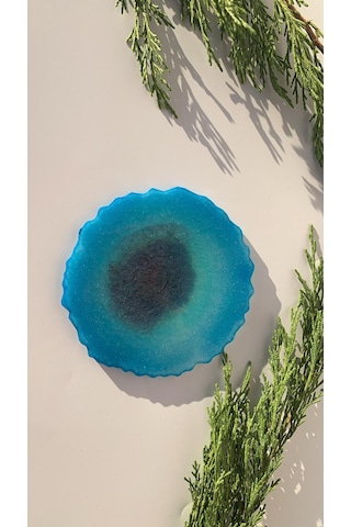 Deniz Mavi Yeşil Tonlu Simli Dalgalı Yuvarlak Epoksi Bardak Altı Diğer