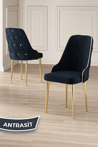 Canisa Vae Serisi 90x160 Lak Panel Antrasit Ironi Gold Ayak Masa Takımı 6 Antrasit Sandalye Antrasit İroni Masa Antrasit Sandalye Ayaklar Gold