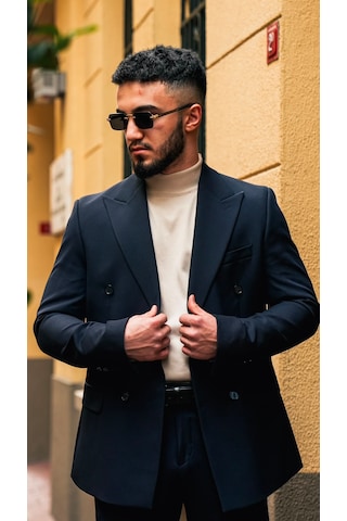 Dupont Classics Dupont Erkek Slim Fit 6 Drop Kruvaze Sivri Yaka Çift Yırtmaç Takım Elbise Lacivert