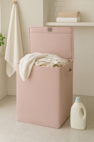 Serstil Kapaklı Katlanabilir Puantiyeli Pembe 60 Litre Çamaşır Sepeti 40 X 30 X 50 Cm Pembe Benekli