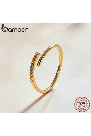 Bamoer 925 Ayar Gümüş Basit Şık Renk Zirkon Altın Kaplama Ayarlanabilir Yüzük Kadınlar İçin Güzel Takı