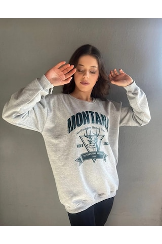 Montana Baskılı Unısex Sweat Açık Gri