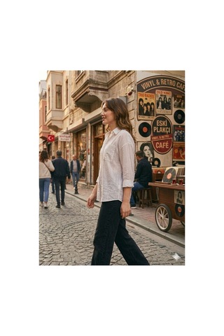 Zdnjeans Kadın Beyaz Rahat Kesim Keten Gömlek