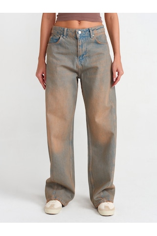 Dilvin Önü Parçalı Baggy Denim Pantolon Tint Kırmızı