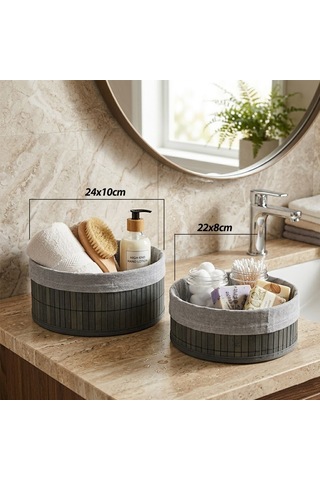 İbico İ22-333 Bambu Kenarlı Yuvarlak Organizer Sepet 2'li Set - Gri Bezli Ahşap Altlıklı