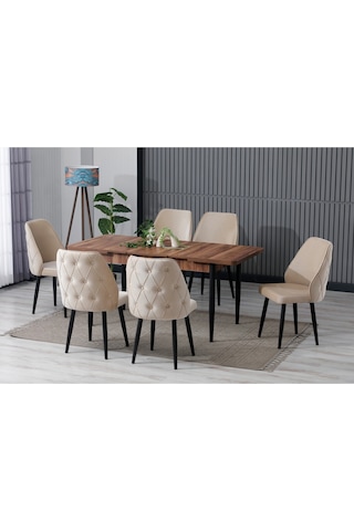 Elas Ahşap Desen 80x132 Açılabilir Mdf Masa Yemek Odası Takımı Mutfak Takımı 6 Sandalyeli Bej