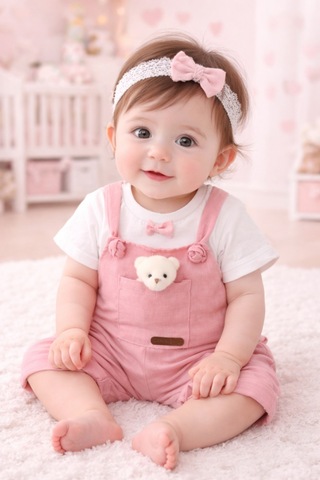 Canini Ayıcıklı Kız-erkek Keten Salopet 2li Takım Baby&kıds 6-9-12 Ay Acık Pembe Acık Pembe