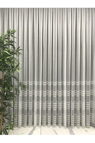 Keten Tül Perde Dökümlü Etek Çizgili 1/2 Seyrek Pile Tül Ekru