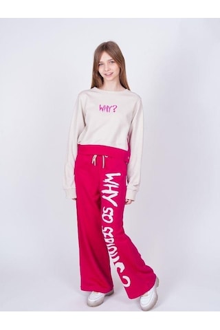 Kız Çocuk Why Yazılı Yanlardan Çıt Çıtlı Bol Paça Eşofman Takım-13538 Fuşya