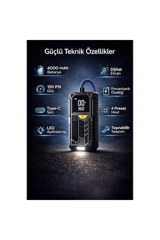 Taşınabilir Kablosuz Hava Kompresörü 150 Psı Lastik Şişirme Pompası 4000 Mah Powerbank Led Işıklı Dijital Ekran Siyah