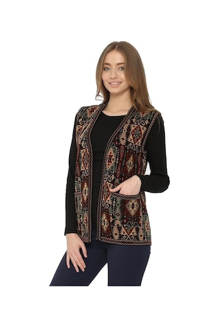 Uludağ Triko Kadın Kilim Desen Yelek / Gümüş