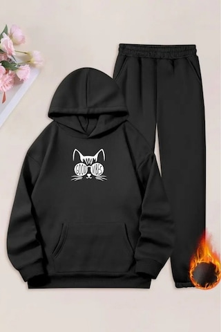 Unisex Siyah Good Vibes Baskılı Eşofman Kapüşon- Kışlık Şardonlu Kumaş Siyah