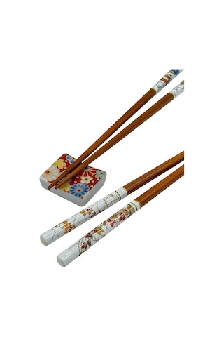 Generic Sushi Yemek Çubuğu Seti, 2 Çift, Çiçek Desenli, Ahşap Kutulu Servis Setleri Kahverengi