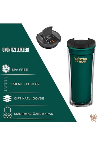 Star Termos Star Mug 350 Ml Opak Seri - Yeşil Çift Katmanlı Mug - Piknik Kamp Outdoor Ofis Kafe Okul Kampüs Yeşil