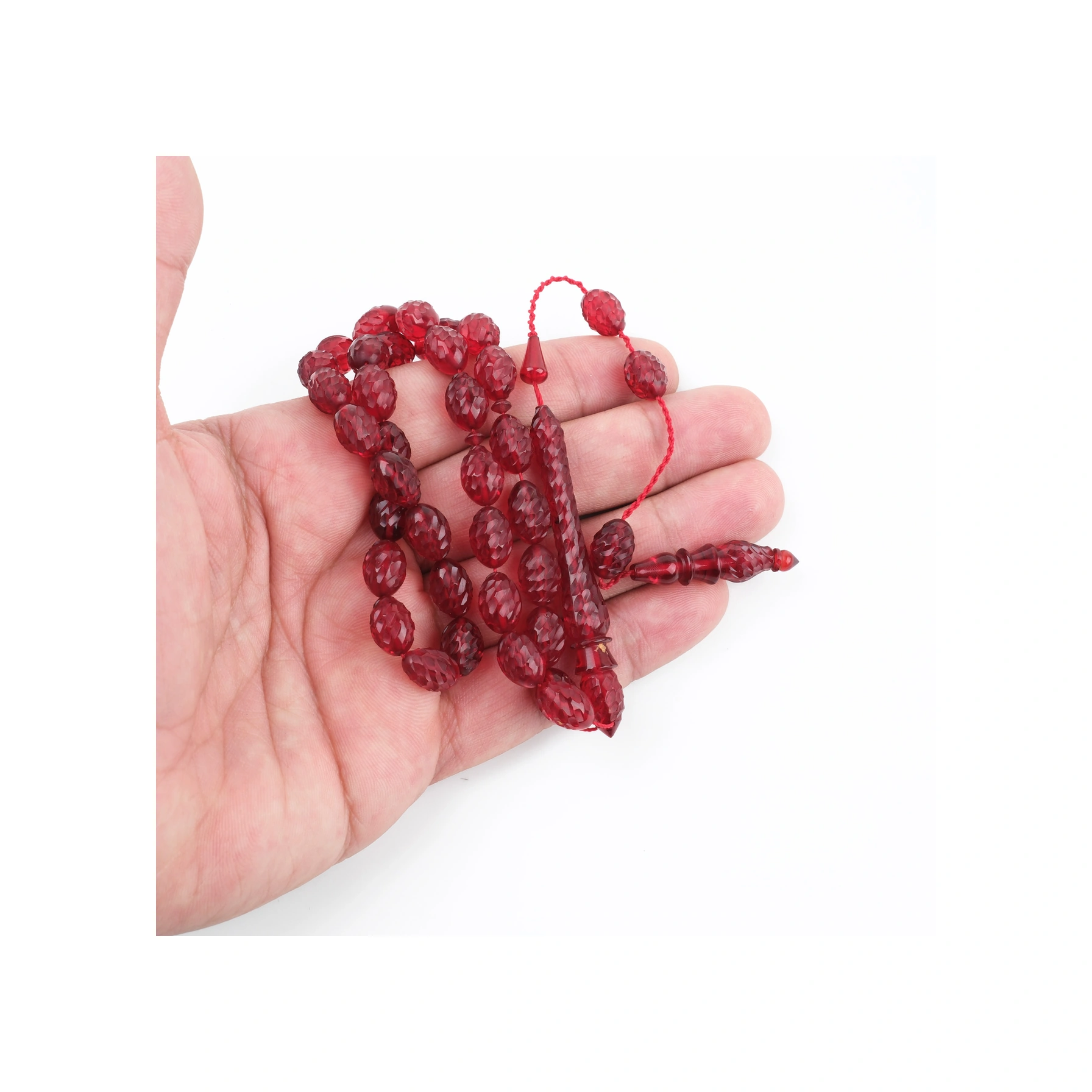 Ateş Kehribar Kalem İşçilikli El İşlemli Beyzi Kesim 9x11mm Tesbih Açık Kırmızı