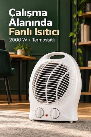 Termostat Ve Kademe Ayarlı Beyaz Fanlı Isıtıcı Devrilme Emniyetli