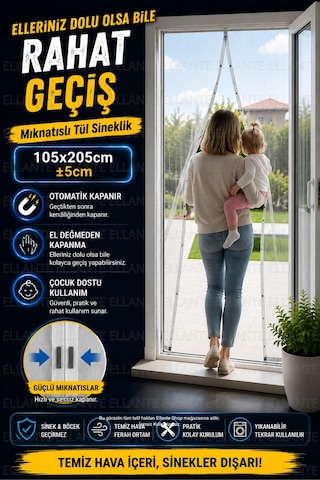 Mıknatıslı Tül Sineklik 105x205 Cm 5 Cm Kapı Sinekliği Otomatik Kapanan Manyetik Sistem Sinek V