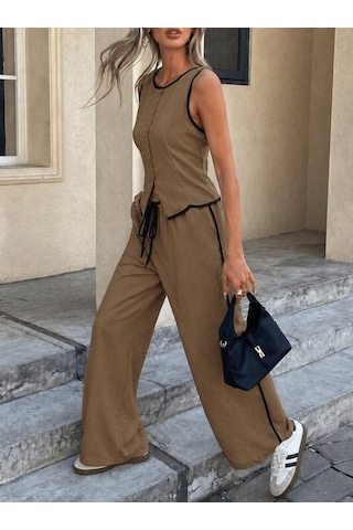 Efnaz Style Kadın Kolsuz Önü Düğmeli Yelek Ve Pantolon Ikili Takım Kahve
