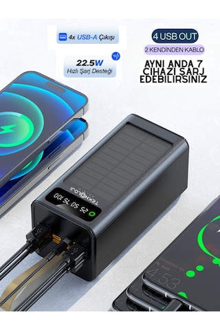 50.000 Mah Powerbank Güneş Enerjili Solar Hızlı Şarj Göstergeli Kablolu Taşınabilir Batarya 22.5w Siyah