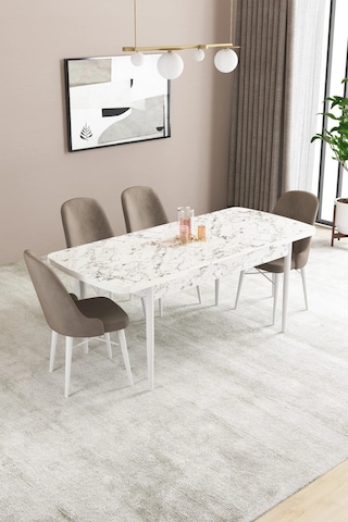 Familieconcept Almira Serisi, Beyaz Mermer Desen 80x132 Açılabilir Mdf Mutfak Masası Takımı 4 Adet Sandalye Cappucino
