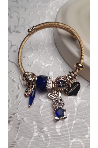 Uzel Çelik Bileklik Sarı Gold Model Kalpli Tavşan Charmlı Mavi