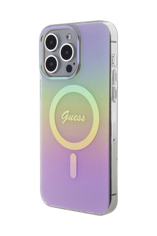 Apple Uyumlu iPhone 15 Pro Max Kılıf Guess Lisans Magsafe Şarj Özellik Yazı Logo Iridescent Siyah