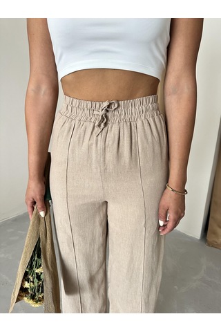 Vizon %100 Keten Palazzo Pantolon Vizon
