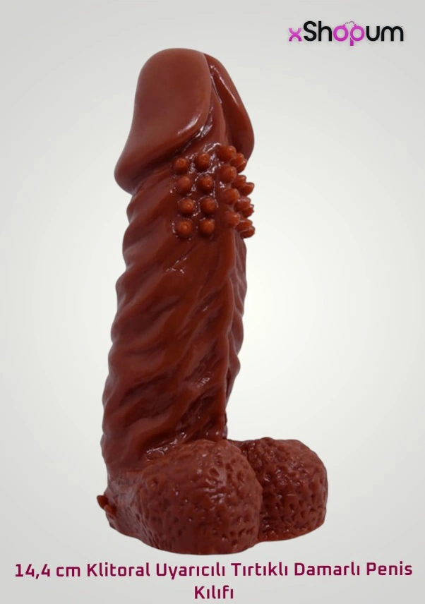 xShopum 14,4 Cm Klitoral Uyarıcılı Tırtıklı Damarlı Penis Kılıfı