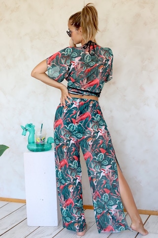 Plaj Pantalon Pareo Yazlık Kapalı Yırtmaçlı Lastikli Şifon Tül Kumaş S-M Yüksek Bel Flower Yeşil