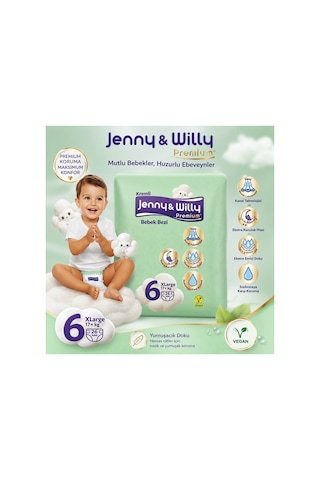 Jenny & Willy Premium Bebek Bezi 6 Numara Xlarge 17+ Kg 26 Adet Kremli Doku, Ekstra Emici Ve Sızdırmaz Koruma