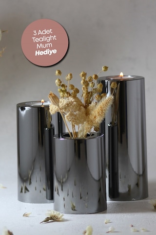 3 Lü Füme Krom Parlak Yüzey Mumluk Dekoratif Tealight Set Mum