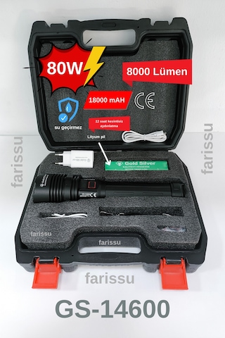 Gs-14600 Şarjlı El Feneri 80w 8000 Lümen - 18000 Mah Powerbank Özellikli Su Geçirmez & Uzun Ömürlü Led Işık Siyah