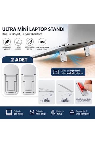 Polham Metal 2 Adet 7mm 3m Yapışkanlı Katlanabilir Ultra Mini Laptop Standı,2 Açılı Laptop Yükseltici Gümüş