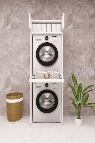 Mdf Çamaşır Makinesi Ve Kurutma Makinesi Dolabı Lake Panjur Kapak Beyaz