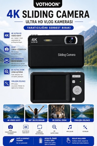 Dijital Kamera 4k Hd 48mp 8x Zoom Flaşlı Kayar Retro Video Kamera 2.4 Ekran 64gb Sd Kart Hediyeli Siyah
