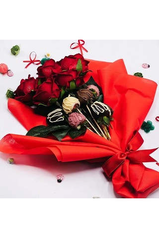 Sevgiliye Kırmızı Çiçek Çikolata Demeti