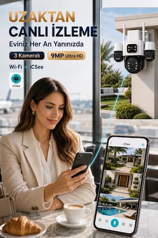 İcsee 9001 9mp 3 Lens Wifi Güvenlik Kamerası, Motorlu Gece Görüşlü Dış Mekan Kamera, 32gb Kart Ve Adaptör
