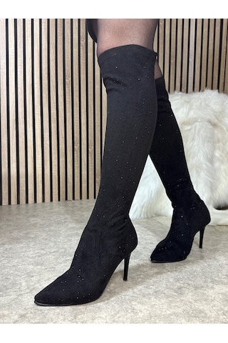 Günlük Kadın Taşlı İnce Yüksek Topuklu Sivri Burunlu Fermuarsız İnceltici Etkili Abiye Çizme 820 Siyah Taşlı